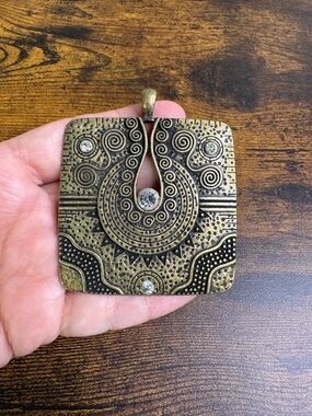 Antique Brass-Tone Ornate Square Pendant with Rhinestones